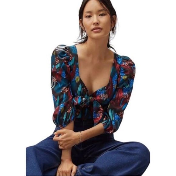 Eva Franco Tops - Anthropologie Eva Franco Tropical Sweetheart Neck Blouse Puff Sleeves size 12